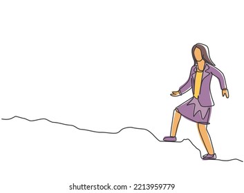 Single continuous line drawing young business woman walking on the uphill street to go to office. Business time discipline metaphor concept. Dynamic one line draw graphic design vector illustration.