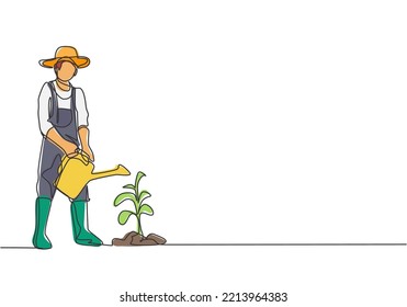 Single continuous line drawing young male farmer water the plants using a watering can. Farmer planting activities minimalism concept. Dynamic one line draw graphic design vector illustration.