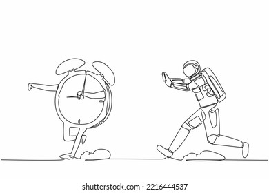 Single continuous line drawing young astronaut chasing alarm clock in moon surface. Space shuttle launch deadline management. Cosmic galaxy space concept. One line graphic design vector illustration