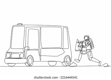 Single continuous line drawing of young astronaut run chasing bus in moon surface. Analysis of the transportation system in space. Cosmic galaxy space concept. One line draw design vector illustration