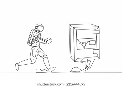 Single continuous line drawing of young astronaut run chasing safe deposit box in moon surface. Financial security protection. Cosmic galaxy space concept. One line graphic design vector illustration