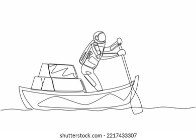 Single continuous line drawing young astronaut sailing away on boat with stack of golden bullion. Gold investment for inter galactic mission. Cosmonaut deep space. One line design vector illustration svg