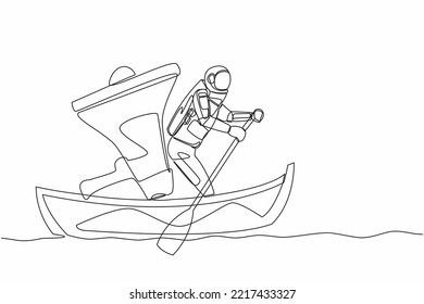 Single continuous line drawing young astronaut sailing away on boat with megaphone. Command control room for space mission analysis. Cosmonaut deep space. One line graphic design vector illustration