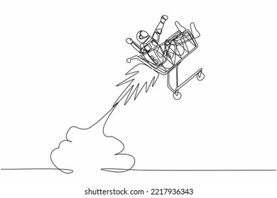 Single continuous line drawing young astronaut riding shopping trolley rocket flying in moon surface. Shop necessities for space exploration. Cosmonaut deep space. One line design vector illustration svg