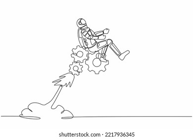 Single continuous line drawing of young astronaut riding gear rocket flying in moon surface. Problem solving mechanisms in space company. Cosmonaut deep space. One line draw design vector illustration