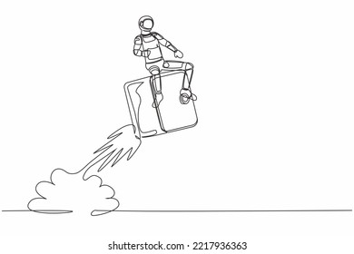 Single continuous line drawing young astronaut riding safe deposit box rocket flying in moon surface. Money protection at space company. Cosmonaut deep space. One line draw design vector illustration