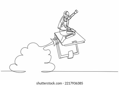Single continuous line drawing young astronaut riding wallet rocket flying in moon surface. Financial planning at space company. Cosmonaut deep space. One line draw graphic design vector illustration