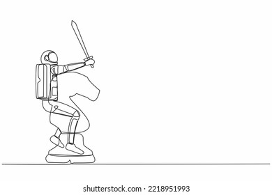 Single continuous line drawing young astronaut riding big chess horse piece and sword  Spaceman battle in the intergalactic war  Cosmonaut deep space  One line draw graphic design vector illustration