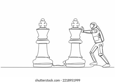 Single continuous line drawing young astronaut push huge king chess piece to take down the other king. Symbol of strongest aerospace company. Cosmonaut deep space. One line design vector illustration
