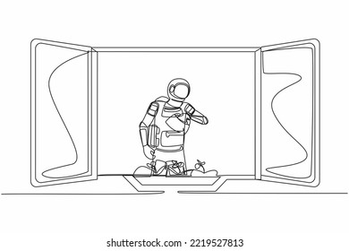 Single continuous line drawing young astronaut watering flowers on the balcony in moon surface. Home green garden, house plants growing. Cosmonaut deep space. One line draw design vector illustration
