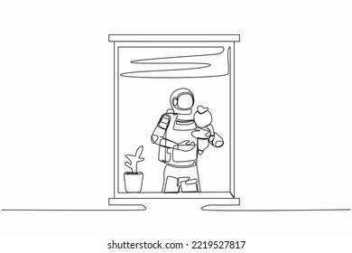 Single continuous line drawing young astronaut holding newborn baby alien near window in moon surface. Future technology development. Cosmonaut deep space. One line graphic design vector illustration