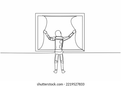 Single continuous line drawing young astronaut opening window curtains in moon surface. Wake up and open curtain in morning to get fresh air. Cosmonaut deep space. One line design vector illustration