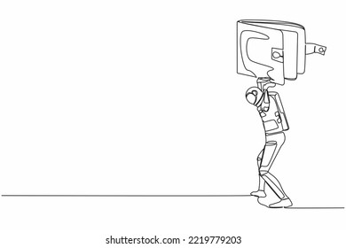 Single continuous line drawing of young astronaut carrying heavy wallet on his back. Financial economic crisis at spaceship industry. Cosmonaut deep space. One line design vector graphic illustration