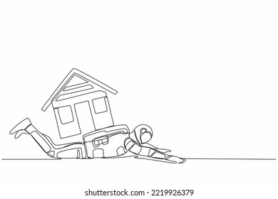 Single continuous line drawing young astronaut under heavy house burden. Financial mortgage problem, taxes expenses in space company. Cosmonaut deep space. One line design vector graphic illustration