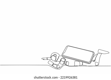 Single continuous line drawing young astronaut under heavy smartphone burden. Stressed due to overworked in spaceship industry. Cosmonaut deep space. One line draw design vector graphic illustration