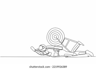 Single continuous line drawing of young astronaut under heavy target burden. Exhausted to achieve spaceship business competition. Cosmonaut deep space. One line draw design vector graphic illustration