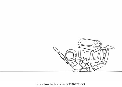 Single continuous line drawing young astronaut under heavy treasure chest burden. Trouble searching for treasure in outer space. Cosmonaut deep space. One line draw design vector graphic illustration