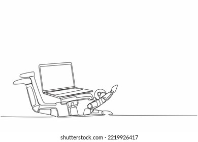 Single continuous line drawing young astronaut under heavy laptop computer burden. Fatigue or burnout work at spaceship industry. Cosmonaut deep space. One line draw design vector graphic illustration