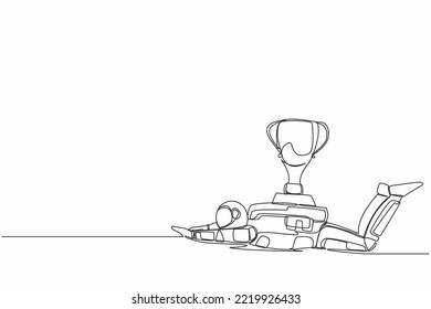 Single continuous line drawing young astronaut under heavy trophy burden. Spaceman fail to achieve expedition goal. Delayed operation. Cosmonaut deep space. One line design vector graphic illustration