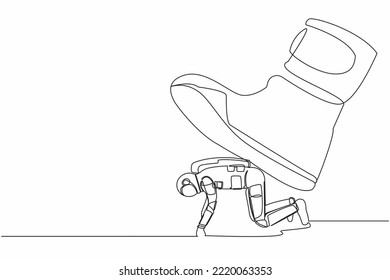 Single continuous line drawing of young astronaut crawling under giant foot trample. Spaceman oppressed by the boss with under big shoe. Cosmonaut deep space. One line draw design vector illustration
