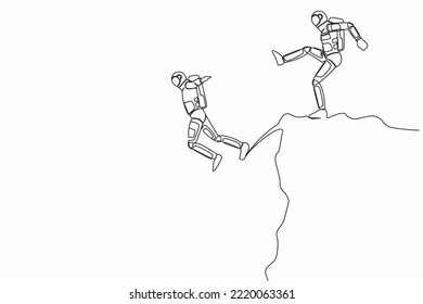 Single continuous line drawing young astronaut kick throw colleague off cliff or hill. Eliminate rival coworker. Rivalry and competition. Cosmonaut deep space. One line draw design vector illustration