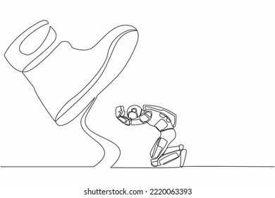 Single continuous line drawing young astronaut kneel down under giant feet. Concept for science authority, exploitation, dictator figure. Cosmonaut deep space. One line draw design vector illustration