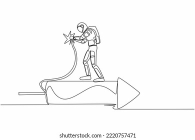 Single continuous line drawing young astronaut standing on firework rocket and ignite it to boost spaceship technology process. Cosmonaut deep space. One line draw design vector graphic illustration