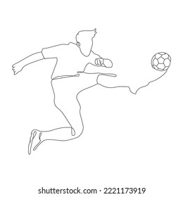 Single continuous line drawing of young sportive man train soccer freestyle, jump juggling with heel on the field. Football freestyler concept. Trendy one line draw design.