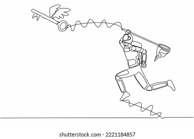 Single continuous line drawing of young astronaut try to catching flying key with butterfly net. Find key to solve spaceship problems. Cosmonaut deep space. One line design vector graphic illustration