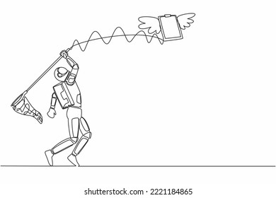 Single continuous line drawing young astronaut try to catching flying clipboard with butterfly net. Space exploration checklist document. Cosmonaut deep space. One line draw design vector illustration svg