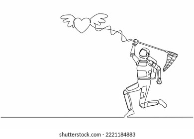 Single continuous line drawing young astronaut try to catching flying heart with butterfly net. Love relationship with space expedition. Cosmonaut deep space. One line draw design vector illustration