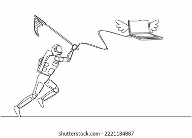 Single continuous line drawing young astronaut try to catching flying laptop with butterfly net. System data computing for spaceship company. Cosmonaut deep space. One line design vector illustration