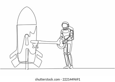 Single continuous line drawing young astronaut putting key into rocket. Launching satellite or spaceship galactic expedition. Cosmonaut deep space concept. One line design vector graphic illustration svg