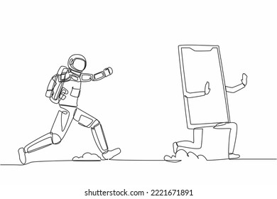 Single continuous line drawing young astronaut run chasing smartphone in moon surface. Communication revolution with satellite phone. Cosmonaut deep space. One line design vector graphic illustration