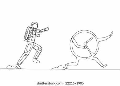 Single continuous line drawing of young astronaut run chase clock time in moon surface. Time management in space exploration. Cosmonaut deep space concept. One line design vector graphic illustration