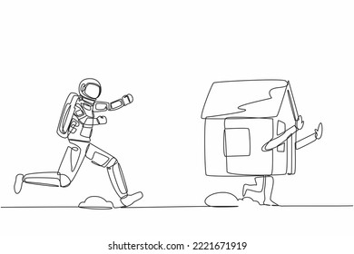 Single continuous line drawing young astronaut run chasing house in moon surface. Price housing loan in other galaxy or planets. Cosmonaut deep space. One line draw design vector graphic illustration