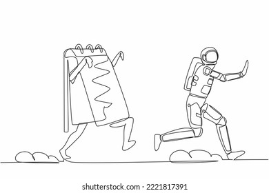 Single continuous line drawing young astronaut being chased by calendar. Afraid with spaceship exploration project schedule deadline. Cosmonaut deep space. One line graphic design vector illustration