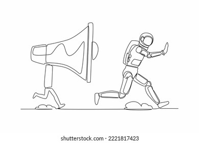 Single continuous line drawing young astronaut being chased by megaphone. Spaceman in loud screaming for mass communication in universe. Cosmonaut deep space. One line draw design vector illustration svg
