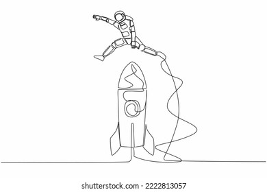 Single continuous line drawing young astronaut jumping over big spacecraft rocket. Successful galactic expedition launch preparation. Cosmonaut deep space. One line graphic design vector illustration svg