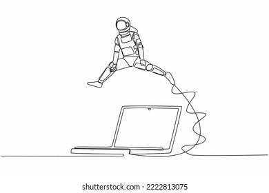 Single continuous line drawing young astronaut jumping over laptop computer. Office system information tech in spaceship exploration. Cosmonaut deep space. One line graphic design vector illustration