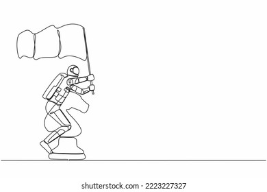 Single continuous line drawing young astronaut riding big chess horse knight piece and holding flag. Battle in space war interstellar. Cosmonaut deep space. One line graphic design vector illustration svg