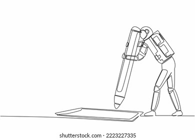 Single continuous line drawing of young astronaut standing near big checklist and fills out questionnaire with pencil in moon surface. Cosmonaut deep space. One line graphic design vector illustration