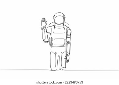 Single continuous line drawing young astronaut standing with palm as stop signal, stay, hold, rejection gesture. Cosmonaut deep space concept. Dynamic one line draw graphic design vector illustration svg