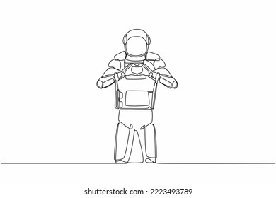 Single continuous line drawing of young astronaut standing with making love sign, heart symbol in front of chest. Cosmonaut deep space concept. Dynamic one line draw graphic design vector illustration