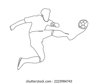 Single continuous line drawing of young sportive man train soccer freestyle, jump juggling with heel on the field. Football freestyler concept. Trendy one line draw design.