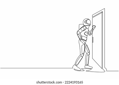 Single continuous line drawing young astronaut knocking at door in moon surface. Spaceman standing at entrance of room knocking door. Cosmonaut deep space. One line graphic design vector illustration