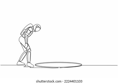 Single continuous line drawing of young astronaut wondering and looking at big black hole. Spaceship interstellar exploration. Cosmonaut deep space concept. One line graphic design vector illustration