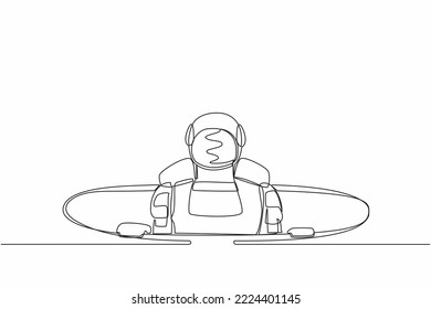 Single continuous line drawing young astronaut emerges from hole. Failure to take advantage of space expedition opportunities. Cosmonaut deep space concept. One line graphic design vector illustration