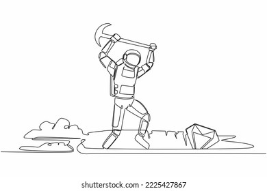 Single continuous line drawing of young astronaut in moon hole prancing while lifting pickaxe with hands. Spaceman mining for diamond. Cosmonaut deep space. One line graphic design vector illustration
