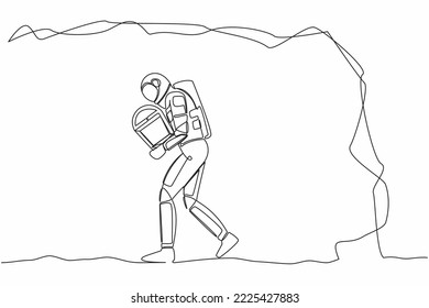 Single continuous line drawing young astronaut carrying treasure chest from moon underground. Treasure digging, growth wealth process. Cosmonaut deep space. One line graphic design vector illustration